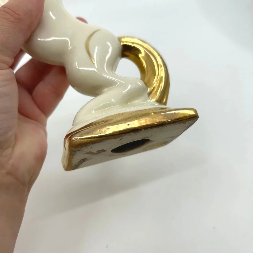 Vintage Mid Century Gold White Ceramic Rearing Horse Figurine